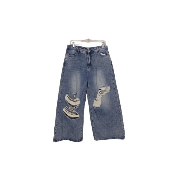 Missguided Wide Leg High Rise Distressed Jeans Light Wash Size 12 #1235 - Picture 1 of 7